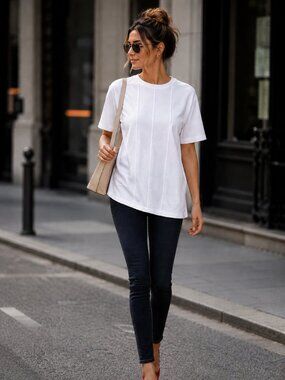 SHEIN White Cotton Tee Shirt Womens LRG Heavyweight Crew Neck Seam Detail Top
